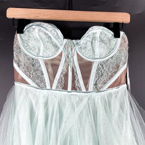 For Love & Lemons Bustier Hi Low Gown Blue‎ Tulle Tiered Strapless Dress Sz S - Picture 7 of 14